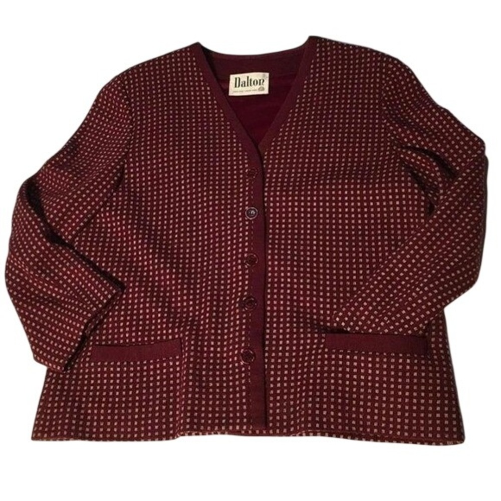 CLASSIC 60s Vintage Dalton Checkered Cardigan 100% PURE VIRGIN WOOL- Petite L